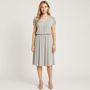 St. John Pleated V-Neck Blouson Sheath Dress Cap Sleeve Gray 6 #A0565